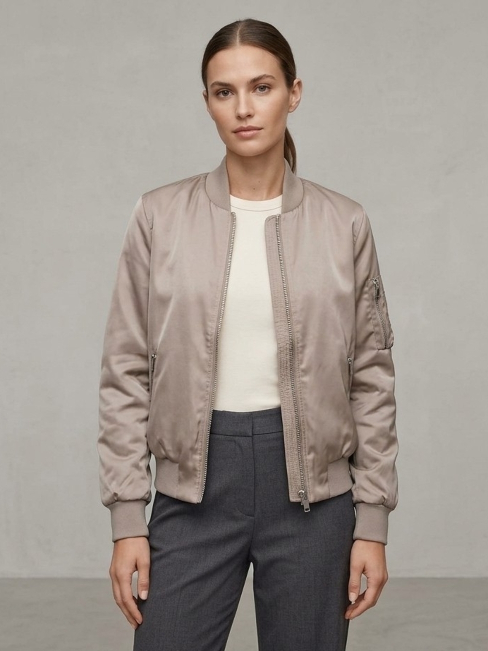 Babaton The Groyp Taupe Nylon Padded Bomber Jacket